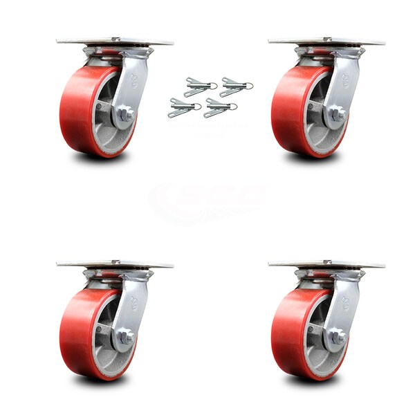 5 Inch Red Poly on Cast Iron Caster Set with Ball Bearings and Swivel Locks